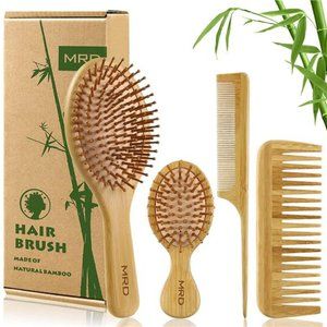 Hair Brush Set, Natural Bamboo Comb Paddle Detangling Hairbrush, Wide-tooth